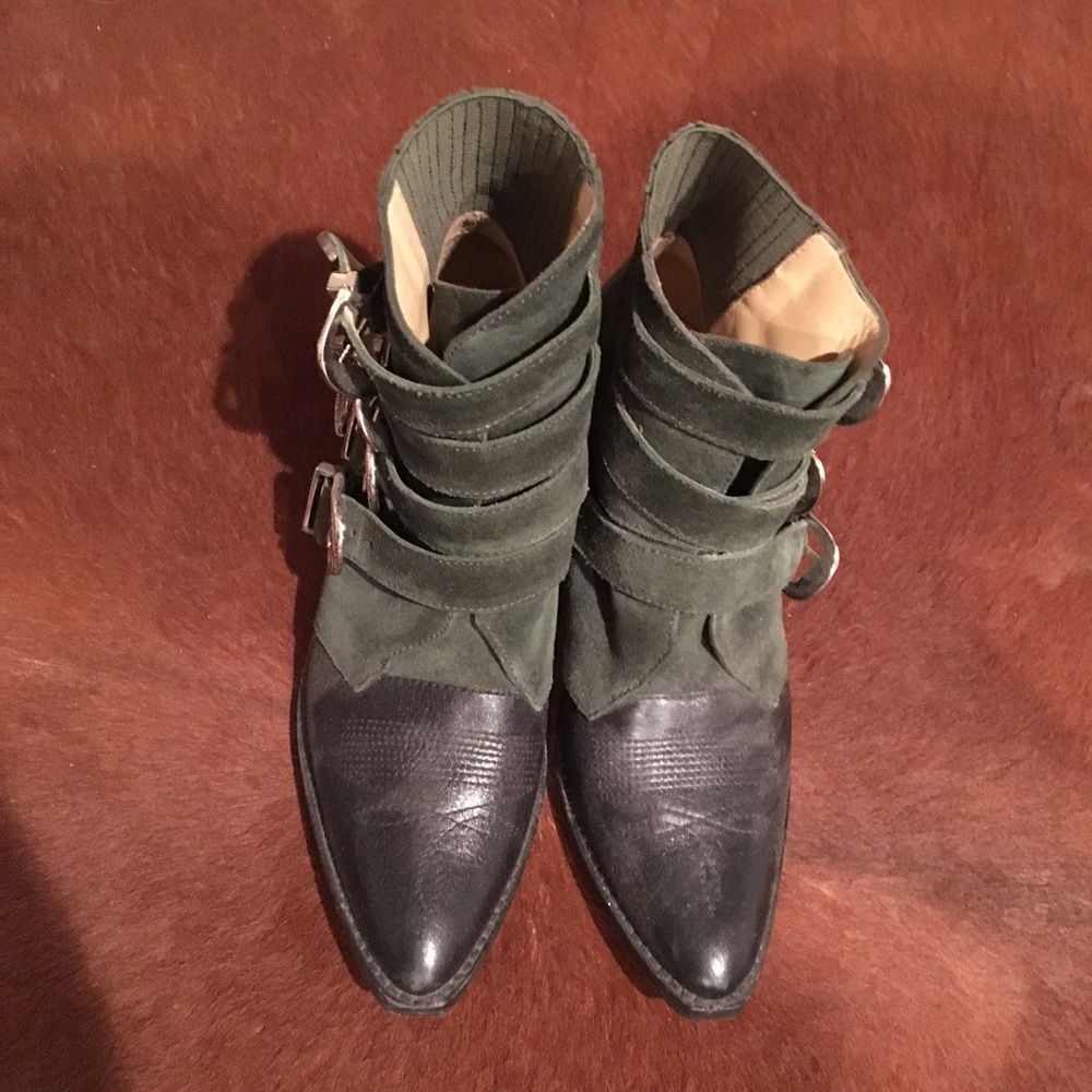 Green Suede Cowboy Buckle Booties